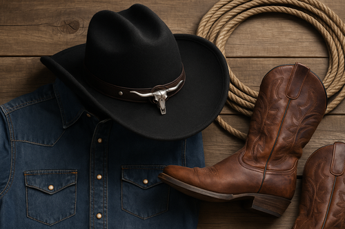 Chapeau cowboy en daim noir posé sur une chemise en jean et des bottes western en cuir, ambiance Far West élégante et naturelle.